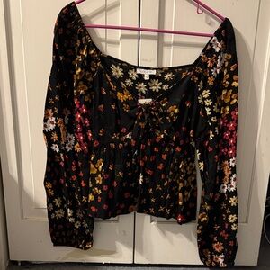 Patrons of Peace Black Floral Peasant Blouse with Yellow, Pink & White Flowers